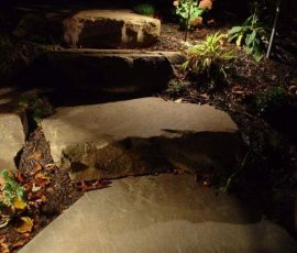 Stone path lit by ground lights at night, with plants and a decorative mushroom light in the background.