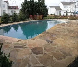 Backyard swimming pool surrounded by a stone patio, with houses and trees visible in the background.