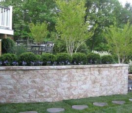 Stone retaining wall with small shrubs, purple flowers, and young trees in a landscaped backyard.